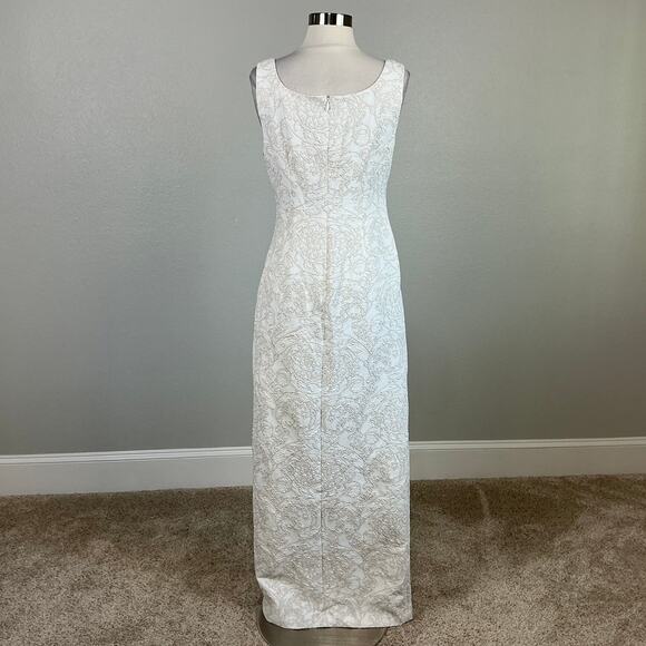 Adrianna Papell White Metallic Jacquard Column Gown Size 6 Sleeveless Thigh Slit - Picture 6 of 14